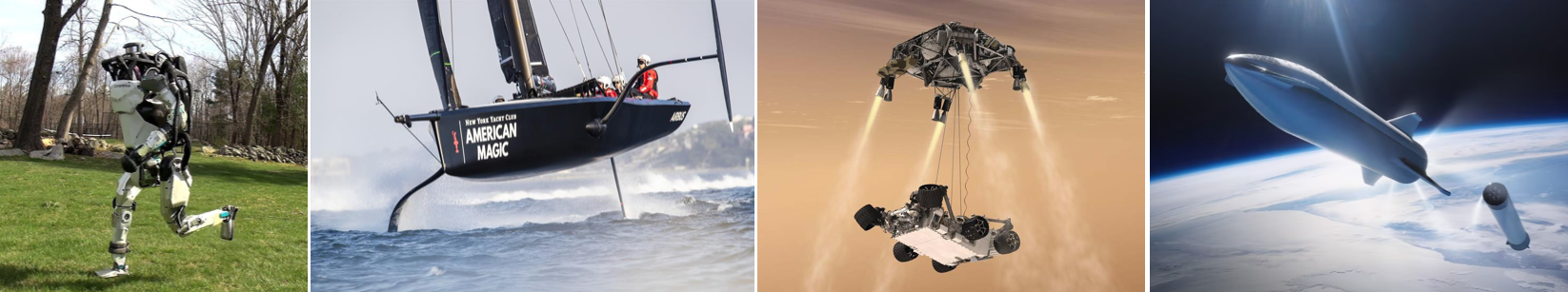 From left to right: The Atlas robot from Boston Dynamics, an America's Cup yacht, the Perseverance robot landing on Mars, and Starship leaving the Earth.
